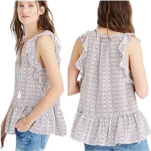 MADEWELL Lily Ruffle Silk Blouse with Tassels in Echo Grid - Size Medium